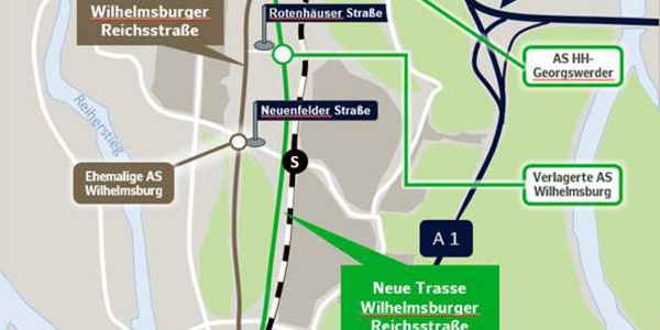 Die Karte zeigt, wie die neue Trasse der Wilhelmsburger Reichsstraße ab dem 7. Oktober verläuft. Foto: bwvi Wilhelmsburger Reichsstraße: Neue Trasse wird am 7. Oktober freigegeben