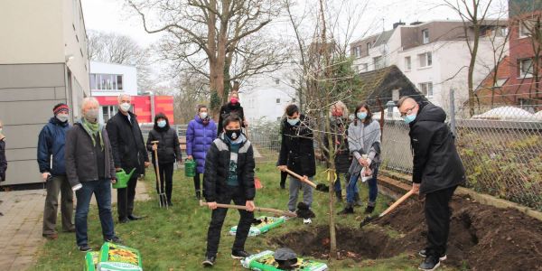 Gemeinsam mit Schulleiterin Kirsten Wimbert, ihrem Stellvertreter Thomas Poggensee und Projektleiter Jürgen Becker von der Tutech Innovation GmbH griffen die Schüler und Lehrer zu Schaufel und Gießkanne, um den Baum einzupflanzen. Foto: Christian Bittcher Trees for Future: Erfolgreiches Projekt an der Schule Schwarzenbergstraße