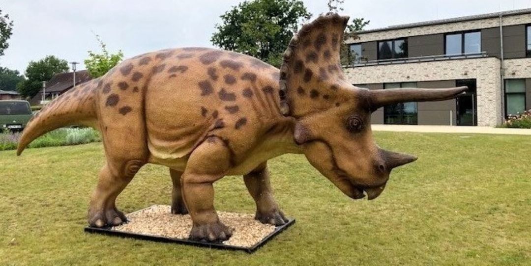 Blickfang vor dem Rathaus in Nenndorf: Ein Triceratops zieht die Blicke auf sich