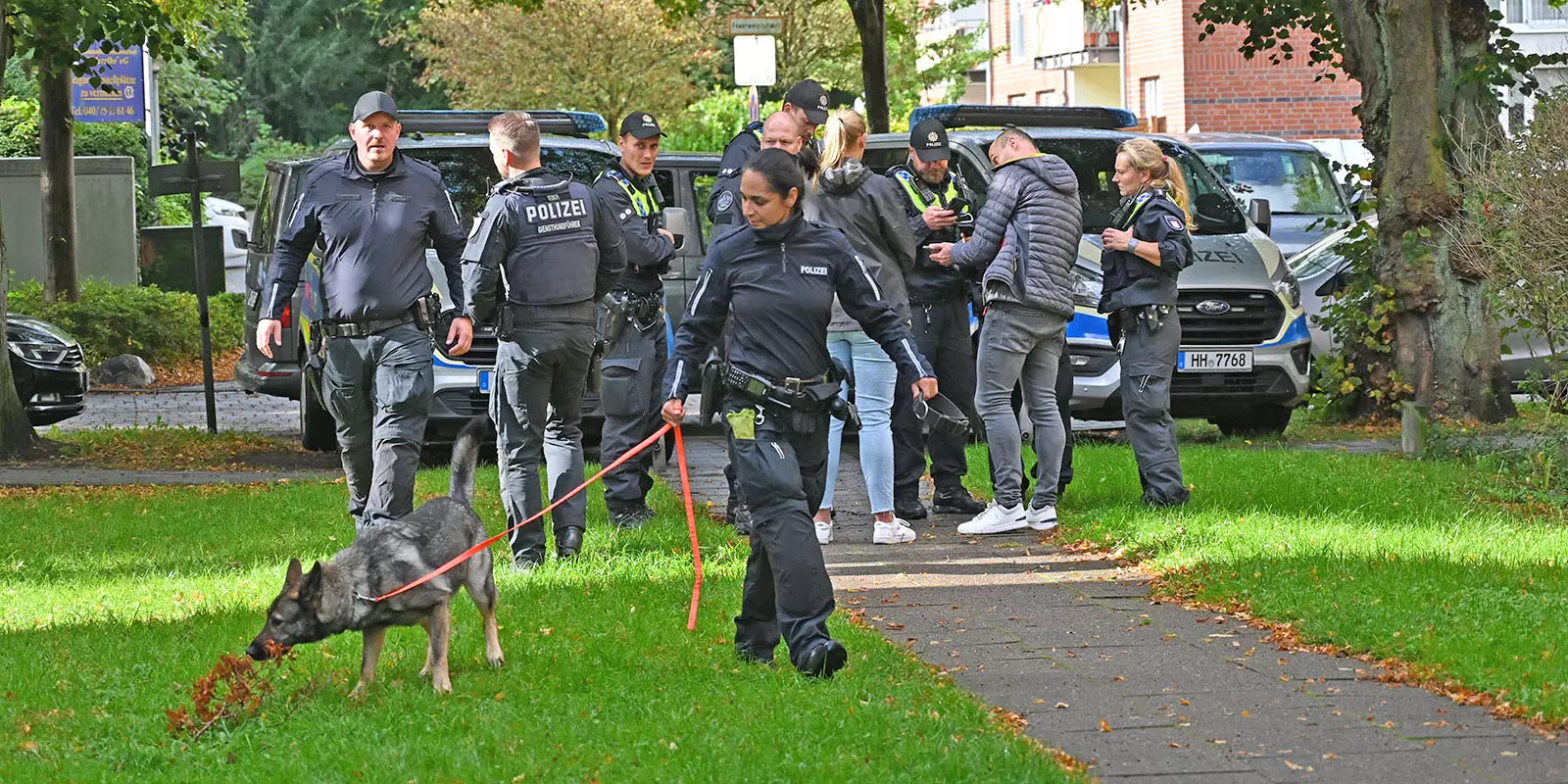 Polizisten suchen in Heimfeld nach der Tatwaffe. Foto: Lenthe-Medien