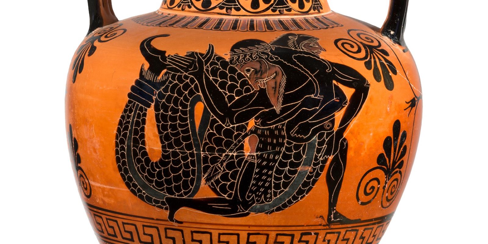 Amphora mit Bildmotiv, das Herakles im Kampf mit dem Seekönig Nereus zeigt. Copyright: MKGH, Foto: Joachim Hiltmann.   