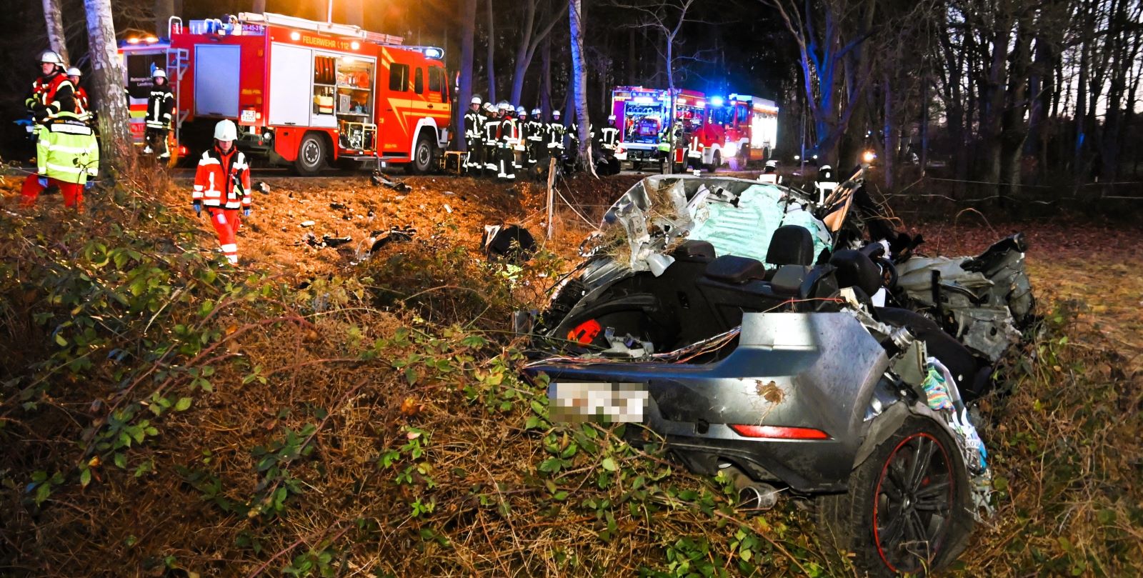 Durch die enorme Wucht des Aufpralls wurde der VW Golf GTI auseinandergerissen. Ein Teil des Fahrzeugs blieb am Baum hängen, der übrige Fahrzeugteil überschlug sich und kam auf auf einer angrenzenden Wiese zum Liegen. Foto: Feuerwehr
