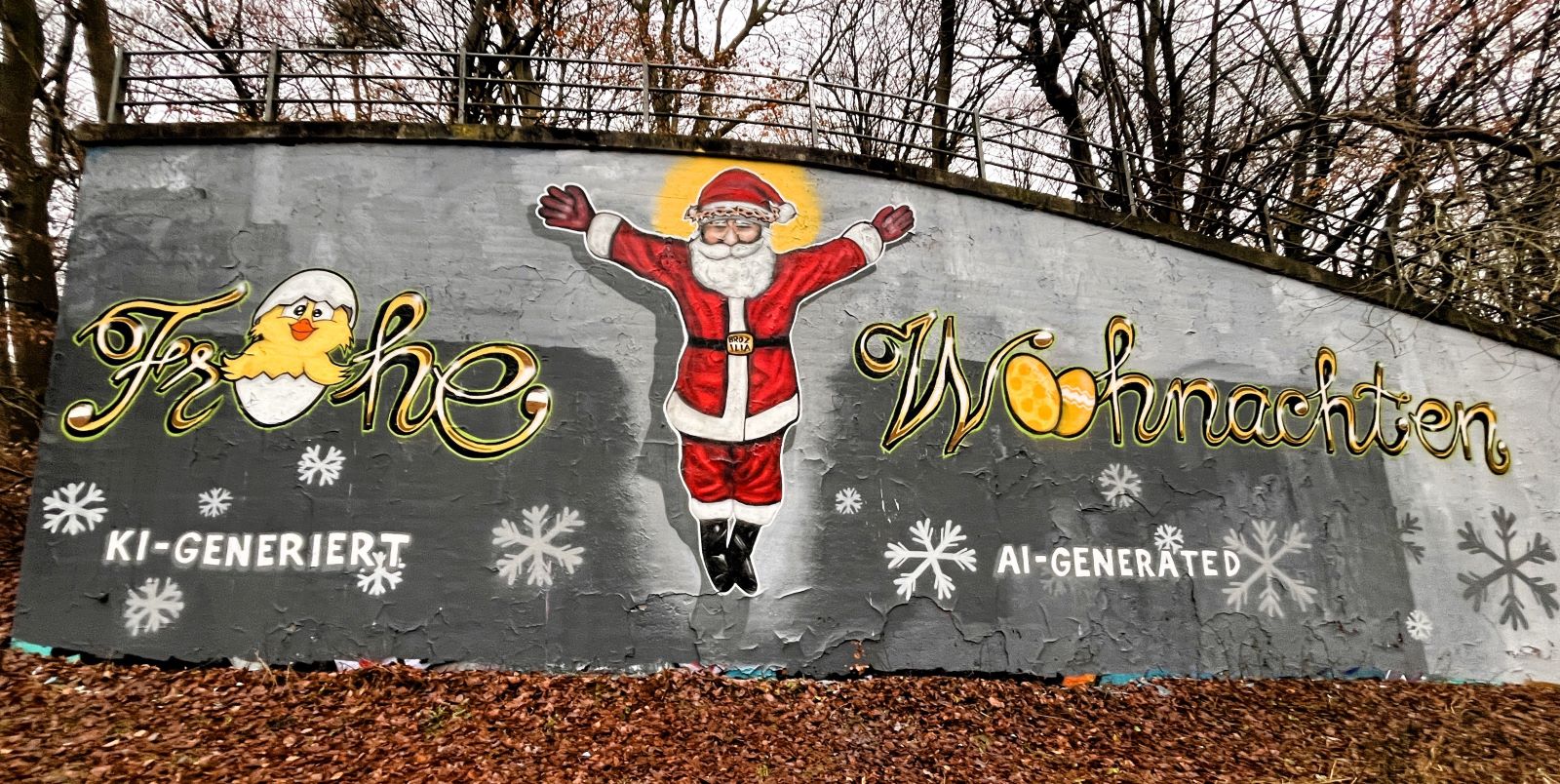 Wie jedes Jahr ist in dem Graffiti wieder eine kleine Botschaft versteckt. Das diesjährige Bild nimmt den KI-Hype mit einem Augenzwinkern aufs Korn. Foto: Christian Bittcher