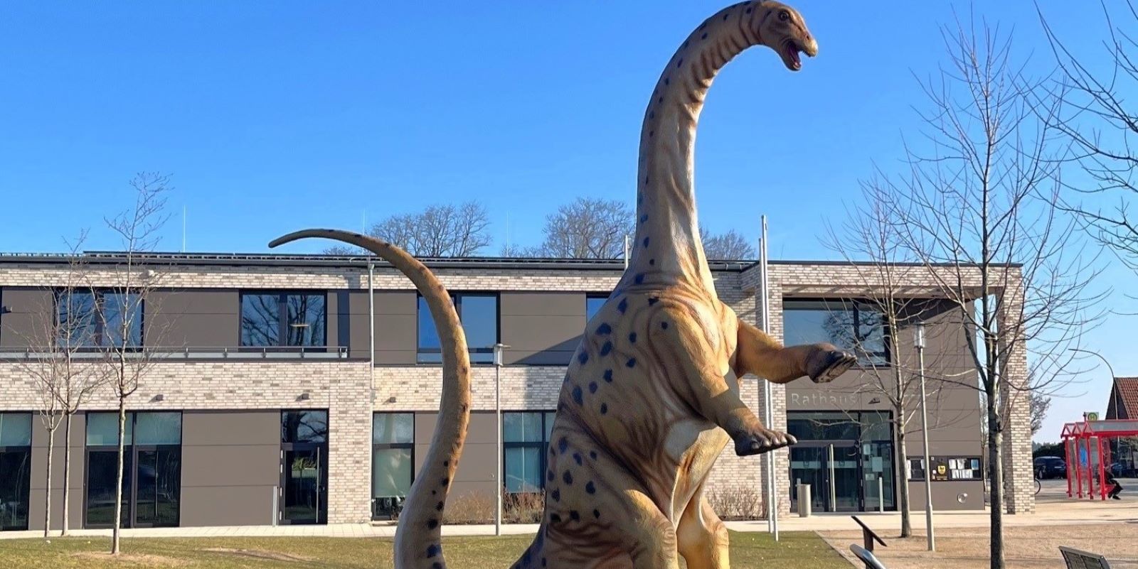 Neuer Dinosaurier vor dem Rathaus in Nenndorf. Foto: Sandra Schuhmann