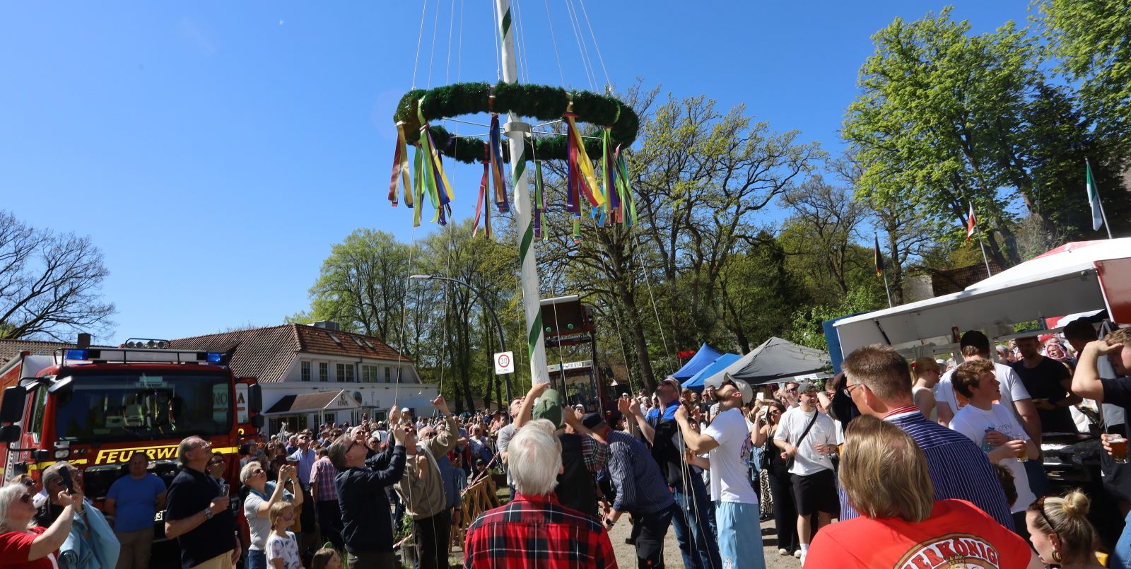 Viele Schaulustige waren dabei, als mit vereinten Kräften der Maibaum in Marmstorf aufgestellt wurde. Foto: Christian Bittcher
